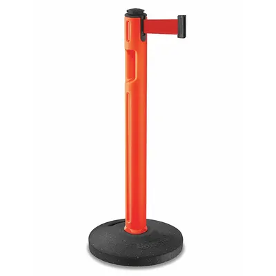 LAVI Barrier Post with Belt: Red, No Pattern, No Legend, 12 ft Belt Lg, Orange - Solid-Color Retractable Belt Post Barriers