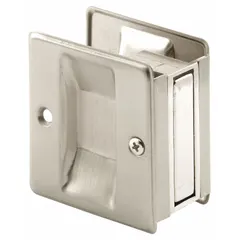 This PRIME-LINE pocket door pull handle is made of brass with a gold color and satin nickel finish. It features a tray/lever style and unthreaded holes for mounting. Suitable for use on pocket doors, cabinet trays, and edge applications in residential or light commercial settings.