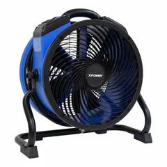 Portable axial blower with 1/4 hp motor, 4-speed control, and polypropylene housing. Features a pivoting frame with 360° rotation for directional airflow. Operates on 115V AC. Not GFCI protected. Suitable for ventilation, drying, and air movement in construction, restoration, and industrial settings.