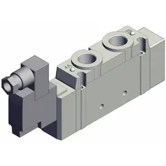 Single solenoid, five-way/two-position directional control valve with 5 ports and 1/4 in connections. Operates on 24V DC with DIN solenoid connector, internal pilot, and non-locking monostable design. Used to direct compressed air in industrial pneumatic systems for automated machinery and assembly equipment.