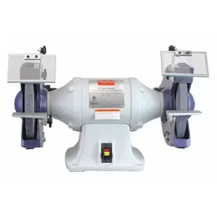 This fixed-speed bench grinder delivers 1 1/2 hp at 1,800 RPM and accepts wheels up to 10 inches in diameter. It operates on 115/230V and includes a dust exhaust port to manage debris. Suitable for grinding, sharpening, and deburring tasks in industrial maintenance and workshop environments.