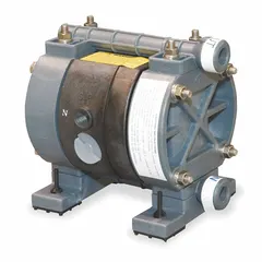 This air-operated double-diaphragm pump features an acetal housing for corrosion resistance in fluid transfer applications. It has 1/4 in NPT connections, a flow rate of 3.3 gpm, and a maximum head of 231 ft. The seat material is acetal, and the check valve material is PTFE.