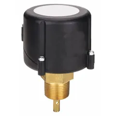 This insertion-style paddle switch detects liquid flow in 1-inch pipe systems. It features a brass body with a 1-inch NPT connection and is rated for 3.7 A full load at 240 V AC. Typical applications include flow monitoring and pump control in liquid handling systems.