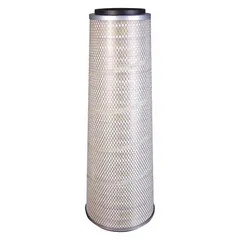 Engine air filter with conical, axial seal design. Round-oval shape with 29-inch overall height. Compatible with Mack vehicles. Used in heavy-duty trucking and off-road applications to protect engines from airborne contaminants.