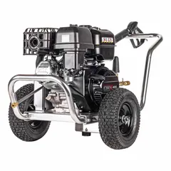 Cold water pressure washer mounted on a cart for mobility. Delivers 4,400 psi at 4 gpm with a 420 cc engine displacement. Suitable for heavy-duty cleaning tasks such as removing dirt, grime, mold, and paint from concrete, equipment, and vehicles.
