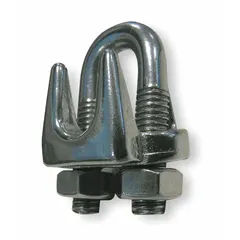 This U-bolt clip is used to form an eye or loop at the end of a wire rope by securing the rope end back onto itself. It is fabricated from cast 304 stainless steel with a silver finish and features a 6 1/2 in rope turnback length. Typical applications include rigging, towing, and industrial lifting.