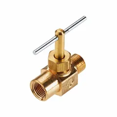 Brass inline needle valve with screw-in bonnet and metal tee handle. Features 1/4 in pipe size, FIP x MIP connections (female IPS side 1, male IPS side 2). Designed for water media and complies with RoHS standards. Suitable for precise flow regulation and shut-off in plumbing and industrial piping systems.