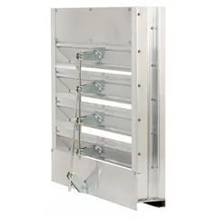 Extruded aluminum combination damper and louver with drainable blades and hat channel design. Overall dimensions 23 1/2 in high by 23 1/2 in wide. Maximum air velocity 3,000 fpm. Suitable for intake or exhaust openings in building envelopes where airflow control and rainwater drainage are required.