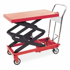 This manual scissor-lift table features a steel platform measuring 35 1/2 inches long by 20 inches wide and a maximum lifting height of 51 inches. It is used in warehouses, assembly lines, and maintenance areas to safely raise and position heavy loads for ergonomic material handling.