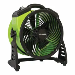 Portable axial blower with a 1/8 hp motor, 4 speeds, and 115V AC operation. Features a pivoting frame with 360° rotation for directional airflow. Polypropylene housing with GFCI protection. Suitable for ventilation, drying, and cooling applications.