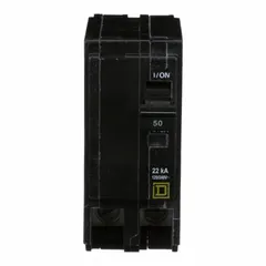 Plug-in miniature circuit breaker for overcurrent protection in branch circuits. Rated 50 A, 120/240V AC, single phase, with a maximum interrupting rating of 22 kA at 120/240V AC. Two-pole design for use in QO Load Centers and NQ Panelboards.