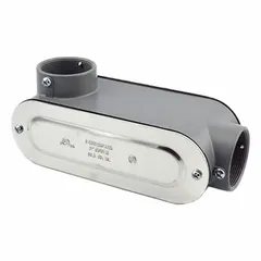 Die cast zinc LL - 90° elbow type conduit body with threaded hub and zinc electroplate finish. Trade size 2 in. Provides a pulling point or access for wire connections in electrical conduit systems, allowing a 90-degree turn while maintaining a smooth wire path. For use with electrical junction boxes or enclosures.