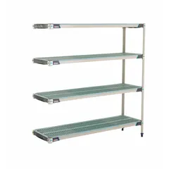 This shelving unit features a 304 stainless steel frame and polymer shelves with antimicrobial resistance. It includes 4 shelves, with an overall height of 62 inches. Suitable for industrial environments requiring hygiene and corrosion resistance, such as cleanrooms, food processing, healthcare, and laboratories.