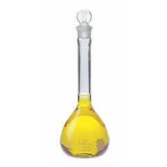 This 250 mL conical volumetric flask is made from colorless USP Type I glass. It has a tolerance of +/-0.12 mL and is compatible with stopper size 16. The flask includes a closure and is used for precise liquid measurement and preparation of standard solutions in analytical chemistry and laboratory applications.