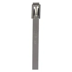 316 stainless steel cable tie with ball lock locking style. Width 0.31 in, nominal maximum bundle diameter 4 in. Silver finish. Pack of 50. Suitable for bundling and securing cables, hoses, and pipes in industrial, outdoor, and corrosive environments.