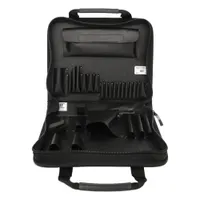 This nylon wide-mouth tool bag in black measures 13 inches wide by 2 inches deep by 2 inches high. It features 31 total pockets, including 29 inside pockets, for organizing hand tools, fasteners, and small parts. Suitable for electricians, maintenance technicians, and field-service professionals requiring quick tool access on job sites