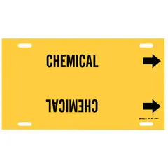 Yellow strap-on pipe marker with black legend reading 'Chemical' and directional arrows. Fits pipe outer diameters of 6 to 7-7/8 inches. Used to identify chemical piping systems and indicate flow direction in industrial facilities.