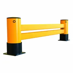 Polymer floor-mount guardrail for protecting pallet rack ends at aisle terminations. Measures 102 in x 9 in x 20 1/6 in and includes base plates. Designed to absorb impact in material handling environments.