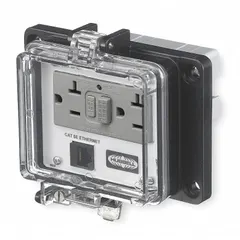 This access port features a NEMA 4X rated plastic cover with dimensions 3 5/8 in (W) x 4 7/8 in (H). It is designed for Ethernet wallplate applications in environments requiring protection against water, dust, and corrosion.