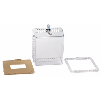 JOHNSON CONTROLS Pneumatic Thermostat Plastic Guard: Hinged, Clear, Solid Base - Plastic Thermostat Guards with Lock & Key