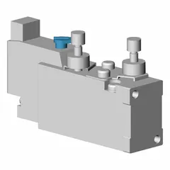 Five-way, two-position solenoid air control valve from the SYJ5000 Series. Single solenoid, 24V DC operation, plug-in electrical connection. Aluminum body. Used to direct compressed air in automated machinery and industrial pneumatic systems.