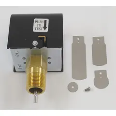 This insertion-style paddle flow switch is designed for liquid flow detection in 1-inch pipe systems. It features a 1-inch NPT connection and a locked rotor contact rating of 44.4 A at 120V AC. Suitable for monitoring flow or no-flow conditions in industrial piping, HVAC, water treatment, and process control applications.