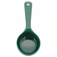 This solid acetal portion control spoon has a 4 oz capacity and a short handle design. It is NSF certified for use in commercial food service environments where accurate portioning and sanitation are required. The green color aids in color-coding systems to prevent cross-contamination.