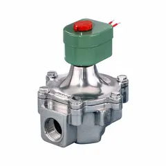 This 2-way/2-position normally closed solenoid valve is designed for on/off control of fluid flow in industrial systems. It features a 1-1/2 in pipe size and operates on 110V AC voltage, with a high-flow configuration suitable for applications requiring reliable shut-off and actuation.
