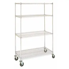 This mobile wire shelving unit is constructed from stainless steel with a silver finish, featuring four shelves and a round post shape. It includes two swivel casters and is recommended for wet environments. Suitable for storing parts, tools, or supplies in dry, harsh, or wet conditions.