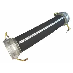 This 20-foot rubber blend material-handling hose assembly features a 5-inch inside diameter, SBR cover, and 75 psi pressure rating. It is equipped with 5-inch x 5-inch aluminum cam-and-groove (C x C) fittings on both ends. Suitable for bulk transfer of dry or semi-dry materials such as grains, sand, and powders in industrial settings.