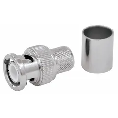 Male BNC connector with silver-plated finish. Crimp-on (3 piece) design for secure cable termination. Suitable for coaxial cable connections in video, RF, and data transmission systems. Pack of 10.