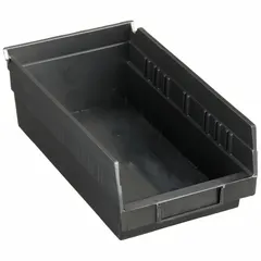 This ESD static-control plastic shelf bin measures 6 5/8 in x 4 in with an overall length of 11 5/8 in. It is black, nesting capable, and designed to store and organize electronic components, circuit boards, and sensitive devices in manufacturing or assembly environments. The conductive properties dissipate electrostatic discharge, protecting parts from damage.