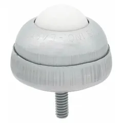 Threaded-stud mount ball transfer with a 1 in diameter nylon ball and 35 lb load capacity. Projection height is 1 3/8 in. Used in material handling systems to provide low-friction omnidirectional movement for packages, pallets, or workpieces on conveyor lines, assembly stations, and packaging tables.