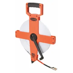 Manual open-reel long tape measure with a 300 ft fiberglass blade. Single-sided SAE/Engineers scale graduated in 1/100 ft increments. Nonmagnetic single hook at the hook end. Plastic case. Used for measuring long distances in construction, surveying, and engineering layout and grading.