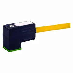 This cordset connects a DIN Form A solenoid valve or actuator to an M12 male straight connector. It features a yellow PUR jacket, 18 AWG wire, 3 pins, and an IP67 rating for protection against dust and water ingress. Typical applications include industrial automation and pneumatic systems requiring a reliable connection.