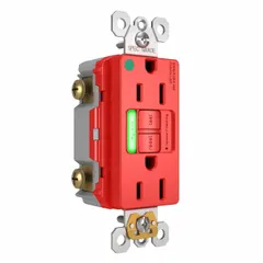 This hospital-grade duplex receptacle features a NEMA 5-15R configuration with ground-fault circuit interrupter protection. Rated 125V AC and 15A, 2-pole/3-wire, it is suited for general-purpose applications in healthcare, laboratory, and commercial environments requiring enhanced personnel safety.