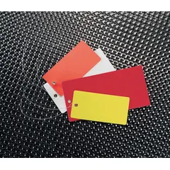 This orange vinyl plain tag measures 5-1/4 inches high by 2-5/8 inches wide, with a 10-point card stock thickness. Supplied as a pack, it is suitable for identifying and tracking shipments, inventory, or work-in-progress in industrial and logistics environments.