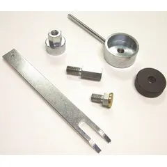 This steel tool kit is used for replacing Bendix air disc brake tappet and boot assemblies and tappet inner seals. It includes a swivel assembly and has an overall length of 13 1/2 inches. Suitable for heavy-duty brake maintenance tasks.