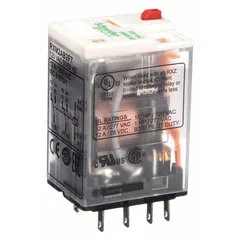 Socket-mounted relay from the Harmony RXM Series with a square base and flat pins for plug-in mounting. Features DPDT contact configuration, 12 A current rating at 120V AC, and quick-connect terminals. Designed for use with a K socket. Suitable for general-purpose switching in industrial control panels, HVAC systems, and automation equipment.