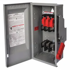 The Siemens HF362J is a 60 A, three-phase fusible safety switch rated for 600V AC. It features a galvanized steel enclosure designed for indoor use, providing a visible disconnect means for electrical circuits. Typical applications include motor disconnects, machinery isolation, and distribution panel disconnection in industrial settings.