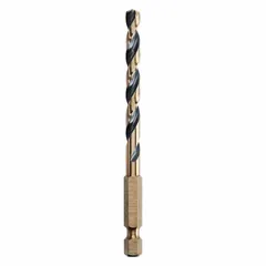 Impact-rated drill bit with a 7/32" diameter and hex shank for secure grip in impact drivers. Features a 135° split point to reduce walking and is made from Black & Gold high-speed steel. Suitable for drilling in metal, wood, and plastic in general construction and maintenance tasks.