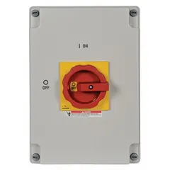 This non-fusible disconnect switch is rated for 125 A and three-phase operation. It features a plastic housing with a red/yellow handle for clear ON/OFF indication and includes a neutral assembly. Suitable for indoor and outdoor use, it provides a visible break for safe isolation of electrical circuits in industrial applications.