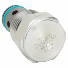 Steel block-mounted cartridge check valve with two positions, normally closed, allowing flow in one direction only. Prevents backflow in hydraulic circuits. Suitable for industrial fluid-power systems requiring reliable one-way flow control.