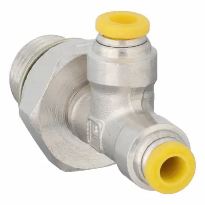 PARKER Push-Fit Tee Fitting: 4 mm OD x 4 mm OD x 1/4 in Pipe Size, Brass - Nickel-Plated Brass Tube Fittings