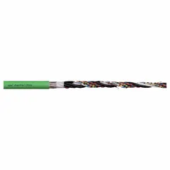 CHAINFLEX CF211-019 servo motor feedback cable with green PVC jacket, rated 50 V. Conductor grouping: (3) 24 AWG, (3) shielded twisted pair 24 AWG, (2) 17 AWG; no ground. Minimum bend radius: 5 x OD fixed, 8 x OD flexible. Used for signal transmission from encoders or resolvers to drives in continuous-flex applications. Sold by the foot.