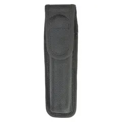 This duty equipment pouch is constructed from black ballistic nylon and measures 7 1/2 inches by 2 1/4 inches. It features a snap closure for secure retention. Designed for carrying a standard-sized flashlight, it is suitable for use by security personnel and industrial workers requiring quick access to a flashlight.