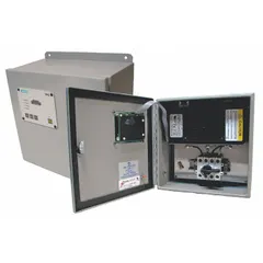 Enclosed external-mount surge protective device for three-phase 480V AC Delta systems. Steel enclosure with EMI/RFI filters. Voltage protection rating 1800V (L-G, L-L), max surge current per mode 150kA (L-G), max continuing operating voltage 552V AC.