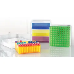 This polypropylene rectangular storage box is designed for organizing and protecting cryogenic vials in laboratory environments. It measures 5 1/8 inches in length and width, with a height of 1 7/8 inches. The multicolor design aids in sample identification and safe storage at low temperatures.