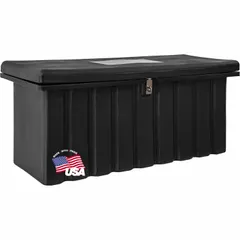 This single-lid utility chest truck box is constructed of black polyethylene for corrosion resistance. It features a hasp latch that accepts a padlock for secure storage. With an overall depth of 19 inches and height of 22 1/2 inches, it is suitable for storing tools and equipment in service trucks.