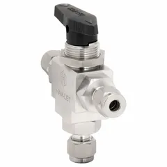 This HAM-LET three-way ball valve is constructed from 316 stainless steel with a 6 mm full port ball port and L flow configuration. It is operated manually via a lever handle. Typical applications include flow direction or mixing in industrial piping systems such as instrumentation, chemical processing, and fluid handling.